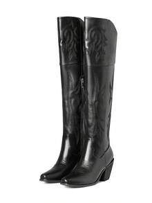 VIntage Womens Thigh High Cowgirl Boots Wide Calf Snip Toe Embroidery Western Cowgirl Boots For Women Side Zipper Y2K Style Chunky Heel Retro Party Country Wedding Dressy Concert Bohemian Outdoor Rodeo Fashion Spring Summer Riding Boot Black Boots - 黑色 - 查看 9