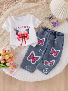 2pcs Baby Girl Set: Bow Letter Print Round Neck Short Sleeve T-Shirt Top And Bow Print Denim Long Pants Outfit - White - View 1
