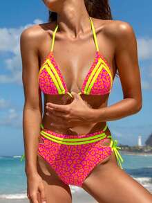 popvil Wome Halter Shell Trim Leopard Printed Mid-Rise Blackless Beach Vacation Bikini Set For Summer Holiday - Multicolor - View 1