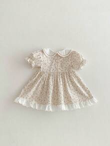 Miniweenns 1件女婴碎花短袖公主连衣裙，休闲户外夏季服装，生日礼物 - 香檳色 - 查看 5