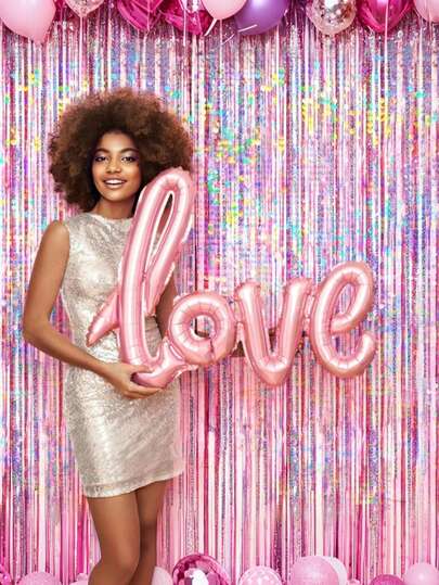 2pcs Silver Sequin Fringe Curtain, Shiny Metallic Pink Background, Suitable For Decorating Birthday, Wedding, Party, 70s, 80s, 90s Disco Theme, Bachelorette Party, Rainbow Party, Restaurant, Hotel, Bedroom, Living Room