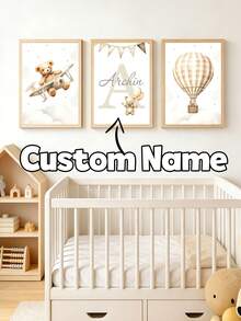 3pcs Personalized Wall Poster Set, Bear Hot Air Balloon Printed Canvas Painting, Customized Name Airplane Forest Room Wall Art, Unframed Green Forest Bedroom Decor, Unique Gift For Boys And Girls Birthday - Multicolor - View 12
