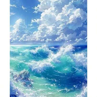 新款5D DIY钻石画套装 - 海洋天空自然风景图案，全圆形钻石马赛克艺术品（不含画框），创意家居办公室墙面装饰