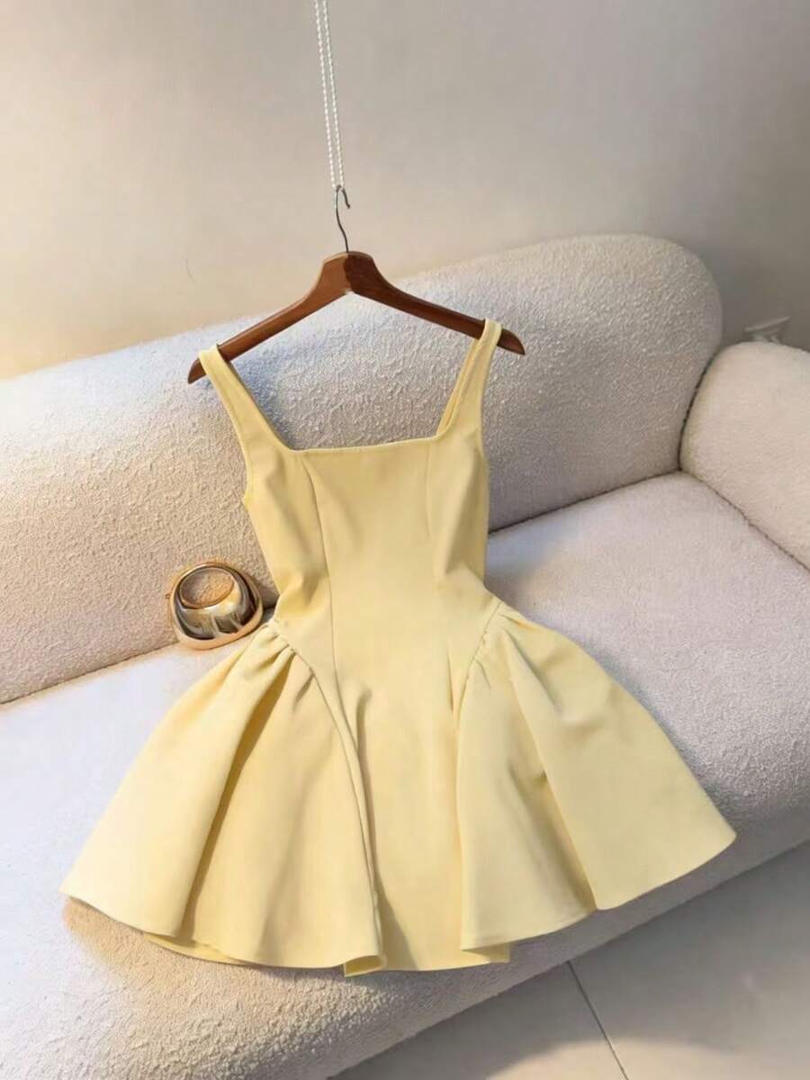 Đầm dạ hội mùa hè thanh lịch dành cho nữ, cổ vuông, không tay, màu trơn, thích hợp cho ngày Valentine. - Màu vàng ngỗng - Xem 1