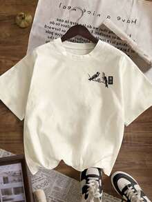 Nouveau T-shirt décontracté à manches courtes, col rond, style décontracté et polyvalent avec motif simple et mignon. Top pour le quotidien et les vacances, convient pour le port estival quotidien et les vacances - Nude - Voir 4