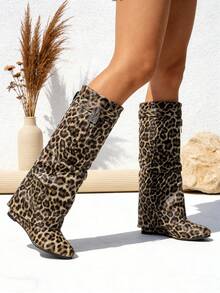 Women's High-Quality Wedge Ankle Boots With A Wide Design And Y2K Style Side Zipper, Ideal For Work And Stylish Holidays With A Punk Touch - 豹紋 - 查看 6
