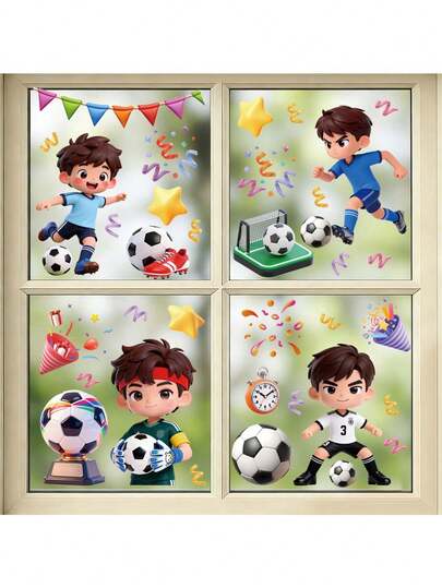 4张世界杯足球窗贴，男孩足球元素贴纸，自粘可移除，在卧室或游戏室打造体育迷专属空间，足球主题窗贴，增添活力，可撕贴于客厅、厨房或阳台玻璃上，瞬间将普通窗户变成世界杯主题，易于粘贴。