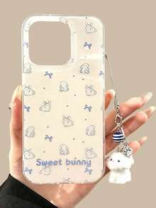 可爱卡通线条兔子蝴蝶结爱心小狗吊坠糖果手机壳，兼容 17 Air、17 Pro Max、16 Pro Max、15、14 Pro、13、12、11，可爱柔软，甜美少女风 - 兔子殼+骨頭狗貓爪掛繩 - 查看 1