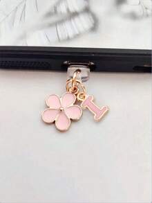 Fleur de Sakura rose en alliage de silicone 2-en-1 Fleur de Sakura rose + 26 lettres Bouchon anti-poussière pour port de charge de téléphone, pendentif en alliage exquis, doux et mignon pour accessoire de mode, décoration pour port de charge de smartphone, tablette, écouteur, Kindle, bouchon anti-poussière et anti-humidité transparent en silicone, convient comme petit cadeau, étanche, compatible avec les séries de téléphones Lightning/Type-C et autres Android/Apple 17/16/15, cadeau d'anniversaire de printemps - Rose bonbon - Voir 15