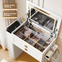 CLIPOP 3-In-1 Dressing Table With Folding Mirror, Cosmetic Table With Visible Glass Top, 3 Drawers, Side Storage, Storage Stool, Small Vanity Table For Bedroom - White - View 10