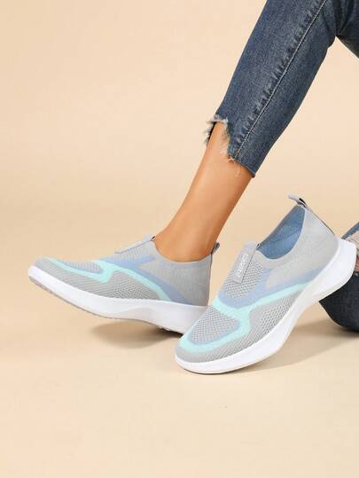 女士撞色针织套脚步行鞋，软底多功能通勤运动鞋