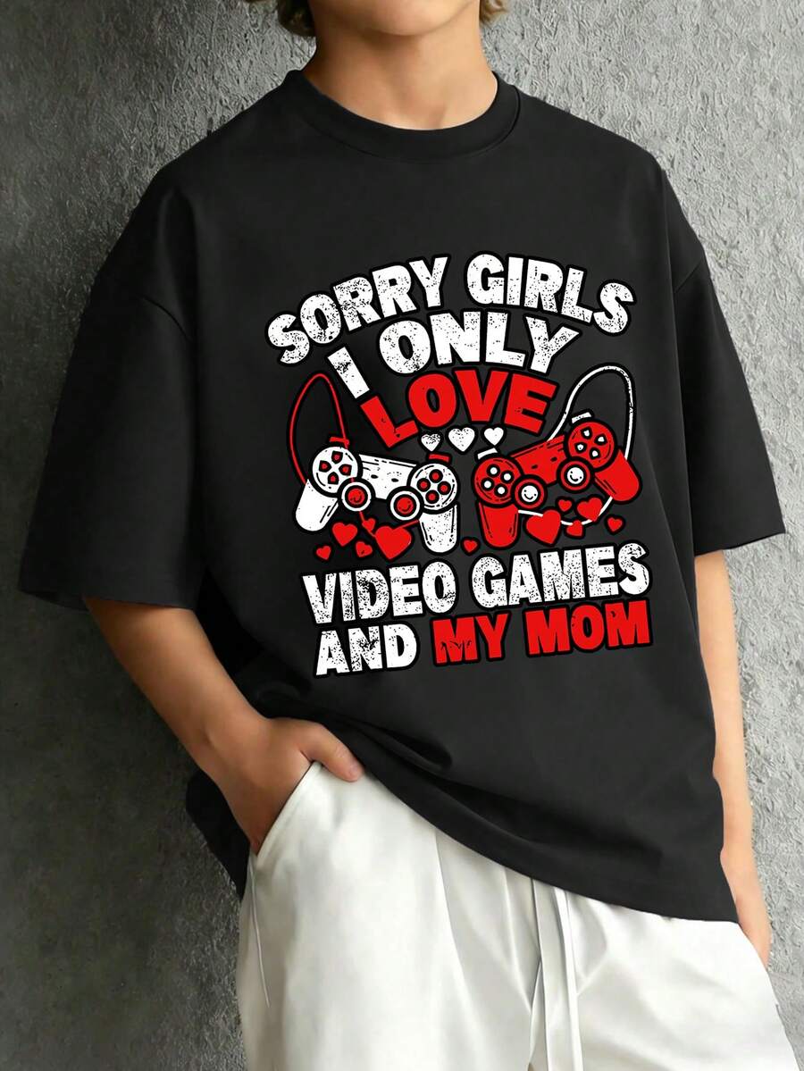 Áo thun nam kiểu dáng thường ngày, in chữ và hình máy chơi game, cổ tròn, tay ngắn, thích hợp cho mùa xuân/hè. - màu đen - Xem 1