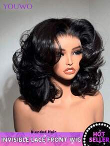 8-34英寸蕾丝前额假发，真人混纺发丝，自然黑色波浪卷发，女士款，13x4蕾丝前额高清透明蕾丝前额手工编织假发，200%密度，预先拔毛，带婴儿发。 - 自然色&黑色系 - 查看 2