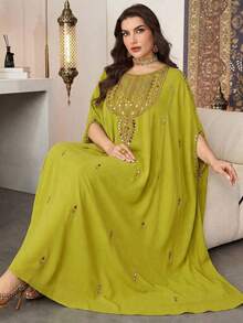 Plus Size Women's Solid Color Round Neck Embroidered Beaded Elegant Arabic Abaya Spring - Fruit Green - View 1