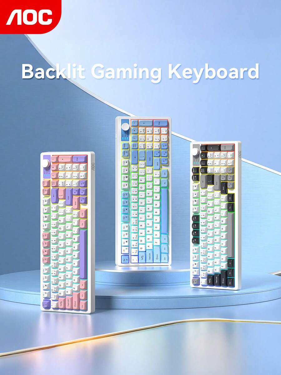 Bàn phím cơ chơi game có đèn nền AOC, bố cục 95 phím với núm điều chỉnh âm lượng, thiết kế tối giản và tinh tế, thiết kế công thái học mang lại trải nghiệm gõ phím thoải mái. - Xem 1