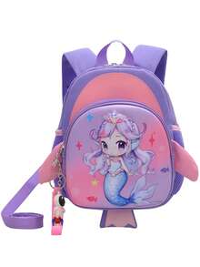 1pc Cute Cartoon Pattern Backpack For Girls, Elementary & Middle School, Lightweight Mermaid Design, Reduces Burden, Includes Astronaut Pendant, Back To School Essential - Purple - View 2