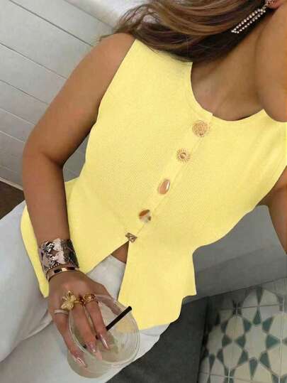 复古时尚优雅金属纽扣纯色无袖圆领商务工作修身针织背心毛衣女款