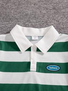 2pcs/Set Boys' Casual Striped Print Pattern Button Design Polo Collar Short Sleeve Top And Solid Color Straight Shorts, Spring/Summer - Green - View 4
