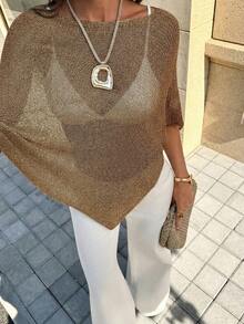 FOR BEAUTY 夏季新款女士纯色罗纹棕色针织开衫，不对称下摆设计，精细光泽针织面料，轻盈透气，略微宽松版型，适合各种体型，度假海滩休闲风上衣 - 摩卡棕 - 查看 4