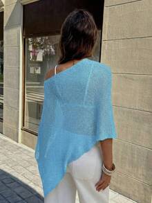 FOR BEAUTY Women's Summer New Knit Top, Casual Style, Blue Solid Color Loose Off-Shoulder Cover-Up, Bohemian Style, Suitable For Beach And Vacation - Blue - View 8