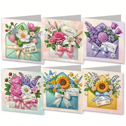 Bộ tranh đính đá 6 mảnh dành tặng Mẹ nhân Ngày của Mẹ, thiết kế phong bì hoa, bưu thiếp khảm đá nghệ thuật, thiệp chúc mừng ngày lễ, thích hợp làm quà tặng cảm ơn, sinh nhật, Ngày của Mẹ, thể hiện những lời chúc ấm áp và tốt đẹp nhất, lý tưởng cho lời mời dự tiệc ngày lễ của gia đình, bạn bè và người yêu, bộ quà tặng thủ công, bộ tranh đính đá kèm phong bì.