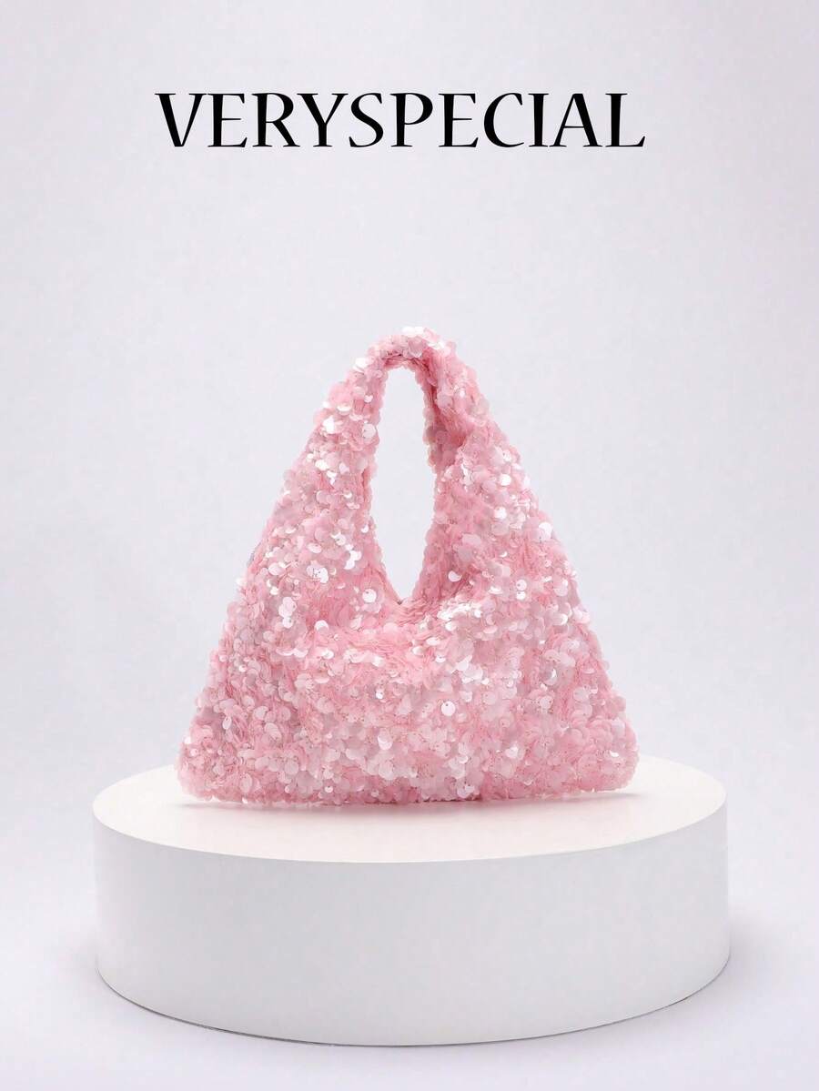 1 件优雅粉色亮片闪亮手提包，扭褶设计，简约风格，适合搭配正式礼服、晚宴、派对和鸡尾酒会等场合。 - 粉色 - 查看 1