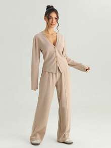 KATCH ME Women's Solid Color V-Neck Long Sleeve Button Tailored Top & Wide Leg Trousers Set, Cozy Two Piece Outfits For Fall & Winter - Oatmeal - View 7