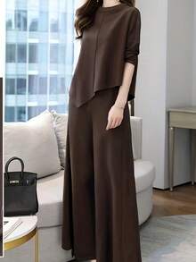 2026 Spring New Minimalist Asymmetrical Two-Piece Set – Flowy Waist-Cinching Top + Wide-Leg Trousers, Elegant Modern Luxury Women's Suit - 咖啡棕 - 查看 3