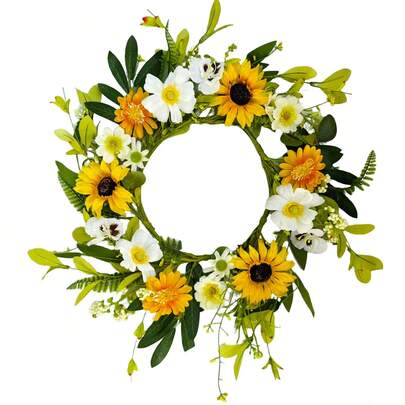 1 st konstgjord vår-/sommarkrans av vildblommor, lämplig för ytterdörr, fönster, vägg, bondgård, bröllop, fest, högtidsdekor