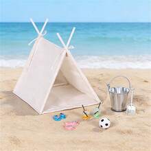 8pcs Dollhouse Mini Beach Camping Tent Set, Including Soccer Ball, Juice, Flip-Flops, And Metal Bucket Props - Camping Kit - View 1