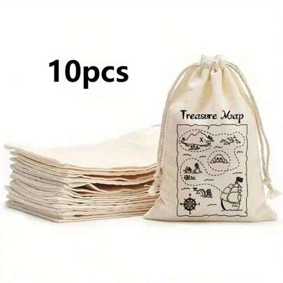 5/10pcs Pirate Theme Party Gift Bags, Printed With Treasure Map Pattern, Drawstring Bags Suitable For Holiday Parties, Decorative Gift Bags For Adventure Theme Parties, Kitchen Preservation Products, Home Storage, Home Decor