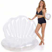 Flotador de piscina con forma de concha inflable, colchoneta flotante inflable con forma de almeja gigante con bolas de perlas, silla flotante de piscina con forma de concha, adecuada para adultos en fiestas de playa de verano - Blanco - Ver 3