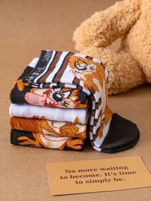 Noctvar OBM Sleepwear X LOONEY TUNES 5双装卡通怪兽嘴巴图案男士休闲船袜，可爱怪兽设计，时尚兔子图案，透气吸湿，适合学生/成人，可作礼物和日常穿着，男女通用 - 彩色 - 查看 3