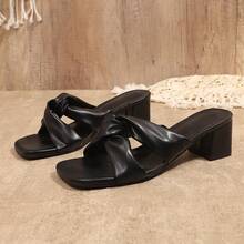 优雅蝴蝶结扭结凉拖鞋，女士露趾粗跟套脚拖鞋 - 黑色 - 查看 2