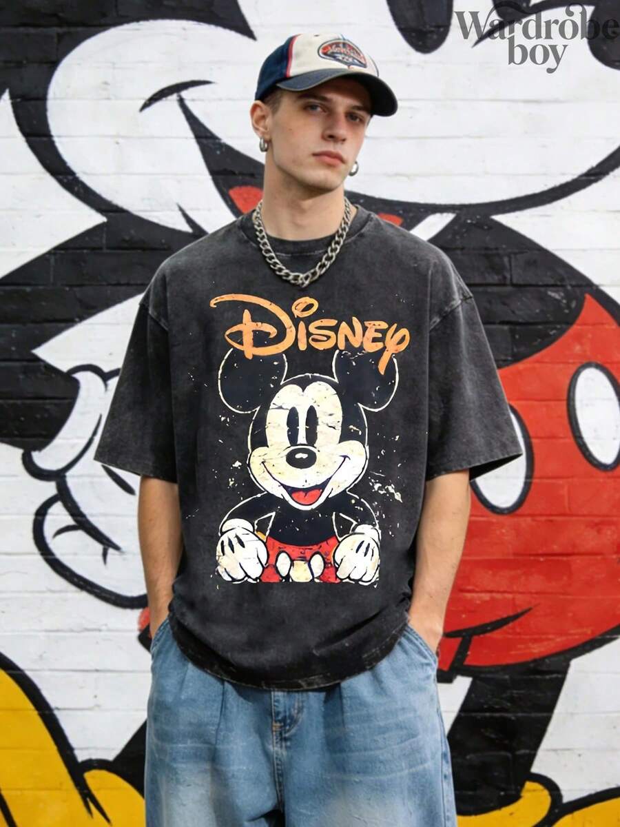 Disney Printed 230g Wash Water T-Shirt,Disney Classic Mickey Print Short-Sleeve T-Shirt, American Street-Style Loose T-Shirt,Unisex,High-Quality Pure Cotton T-Shirt,Suitable For All Seasons, Comfortable And Breathable| Exquisite Design | The Best Choice For Giving Gifts - 黑色 - 查看 1