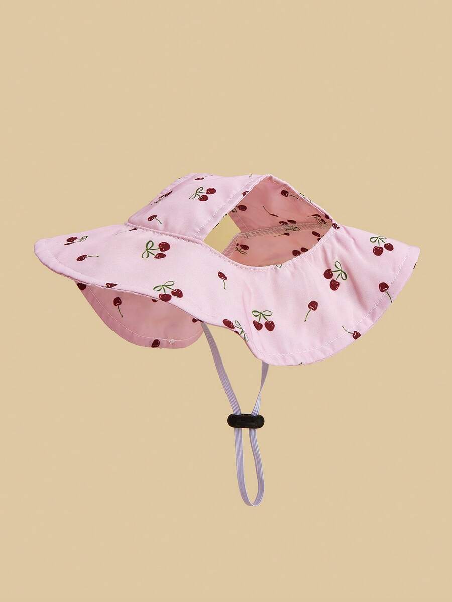 Cute Polyester Pink Cherry Pattern Windproof Sun Hat, Ear-Opening Design, Adjustable Anti-Slip, Suitable For Small Pet Dogs To Wear Outdoors All Year Round