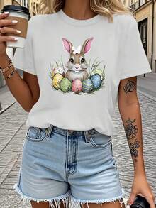 Camiseta De Manga Corta Para Mujer Con Estampado De Conejo Y Huevo De Pascua - Conjunto Para Búsqueda De Huevos De Primavera, Blusa Casual De Cuello Redondo, Ropa Lavable A Máquina Para El Festival De Primavera (Uso Todo El Año) - [Blanco] - Ver 1