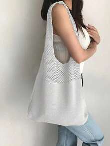 1pc Heart Contrast Color Knitted Tote Bag, Large Capacity Fashion Beach Bag, Versatile For Commuting, Summer Outfits - Multicolor - View 18