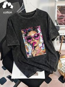 大尺碼女款休閒圓領短袖休閒T恤，亮粉色塗口紅圖案，適合情人節/返校季，黑色夏季款 - 黑色 - 查看 3
