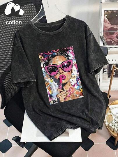 Plus Size Women's Daily A Woman Is Touching Up Her Makeup With Bright Pink Lipstick, Wearing Plus Size Sunglasses In The Same Color Family. Round Neck Short Sleeve Casual Spring/Summer/Fall T-Shirt Valentine's Day/Back-To-School