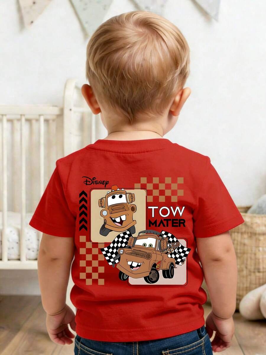 This Disney Pixar Cars Mater-Themed Casual And Simple Crew Neck Short-Sleeved T-Shirt Is Designed For Both Baby Boys And Girls, Making It An Ideal Choice For Summer Wear. - Rouge - Voir 1