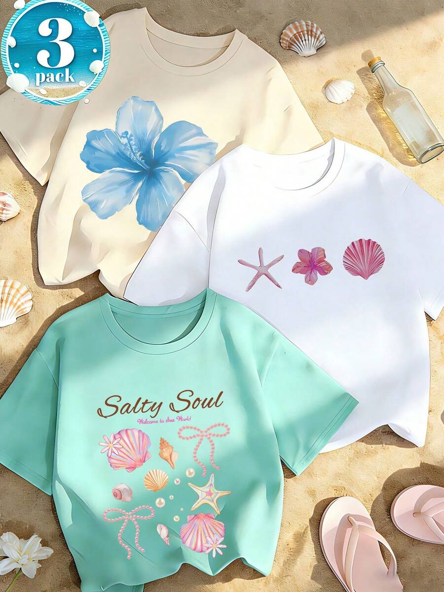 Conjunto de 3 camisetas de manga corta con estampado tropical de conchas y flores para niñas preadolescentes, tops de verano para estudiantes jóvenes - Multicolor - Ver 1