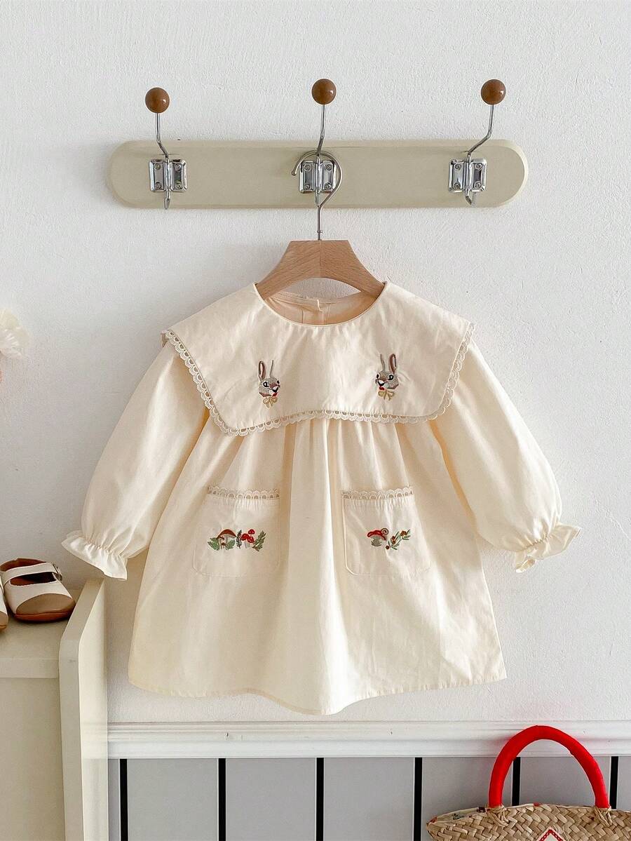 Váy cổ thêu hình thỏ cho bé gái có túi, thêu hình nấm, màu mơ, phù hợp cho mùa xuân, hè, thu