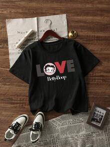 Whysmera SHEIN X Betty Boop Summer Women's Graphic Short Sleeve T-Shirts, Romantic LOVE Letter With Cartoon Character In Heart Print Crew Neck Tops - Black - View 3