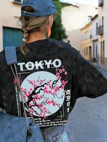 夏季新款简约时尚樱花印花休闲圆领扎染短袖T恤，百搭时尚女式上衣，黑色 - 黑色 - 查看 1