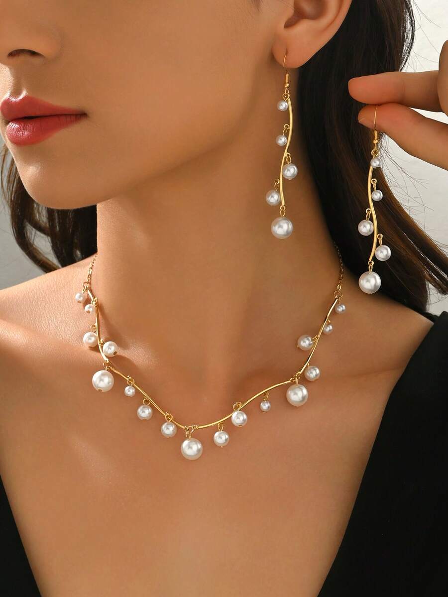 一套优雅女士珍珠项链耳环首饰套装，金色树枝造型组合首饰，精致珍珠流苏吊坠耳环和项链，适合作为婚礼新娘和伴娘的礼物 - 金色 - 查看 1