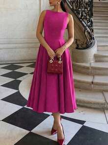 Elegant French Romantic Backless Hollow-Out Cinched Waist Sexy Charming Maxi Dress, Burgundy, Suitable For Christmas, Holiday Party, Date - 玫紅色 - 查看 3