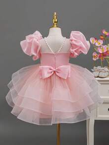 Children's Princess Dress, New Girls' Party Dress, Puff Sleeves, Bow Tie, Handmade Beaded, Tulle Puffy Skirt Dress, Little Girl Flower Girl Wedding Piano Recital Dress - Pink - View 3