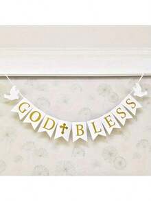 1set,White Gold God Bless DIY String Banner With Cross, Floral Pennant Flag Garland,Gold Glitter God Bless Cross Bunting Banner For Baptism Christening Babe Dedication First Communion Religious Party Decorations - View 1