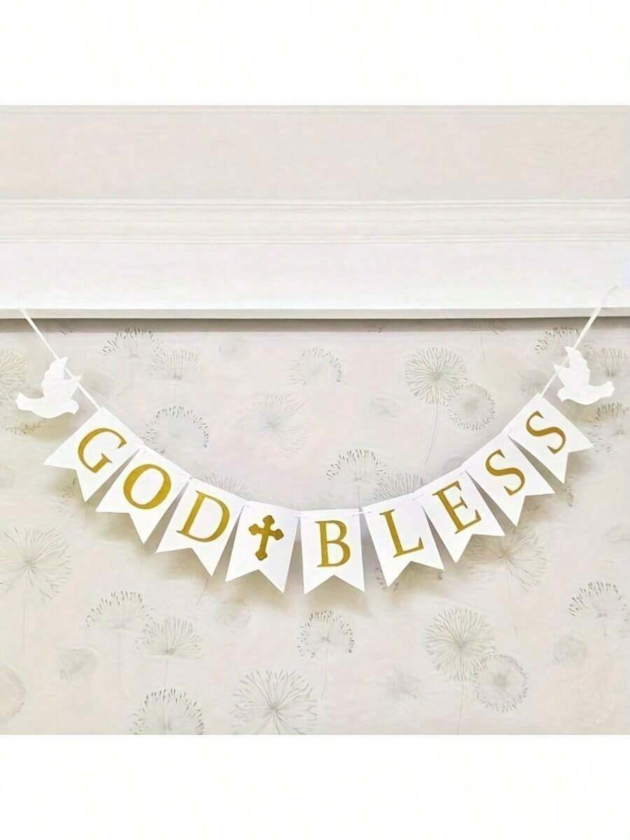 1set,White Gold God Bless DIY String Banner With Cross, Floral Pennant Flag Garland,Gold Glitter God Bless Cross Bunting Banner For Baptism Christening Babe Dedication First Communion Religious Party Decorations - View 1